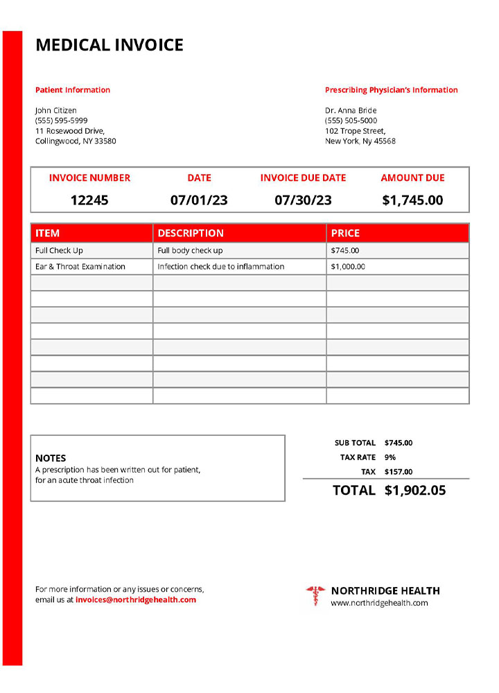 USA New York Northridge Health Center medical invoice template PSD template